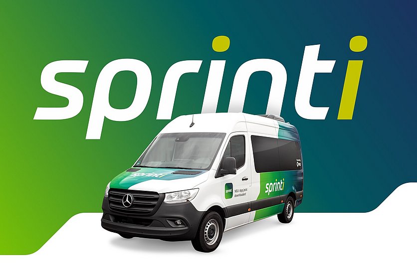 Bild von einem sprinti vor einem Hintergrund mit Farbverlauf und sprinti Logo